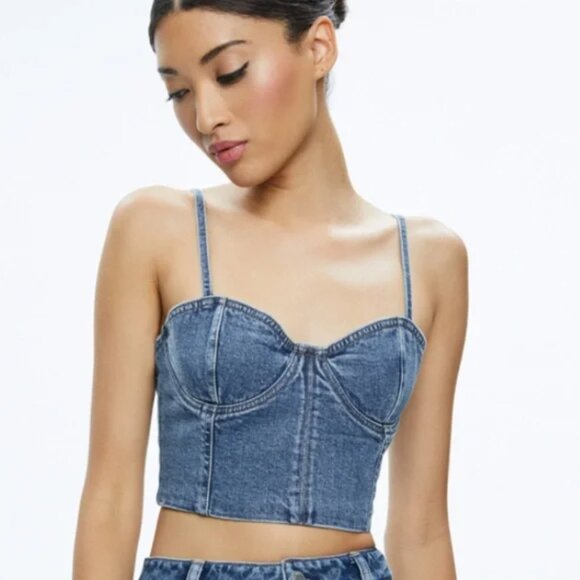 ALICE & OLIVIA JEANS Natacha Stretch Denim Corset Top 2 XS $265 - Picture 1 of 6